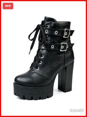 Platform Combat Ankle Boots High Heel Buckle Lace PU Leather Booties